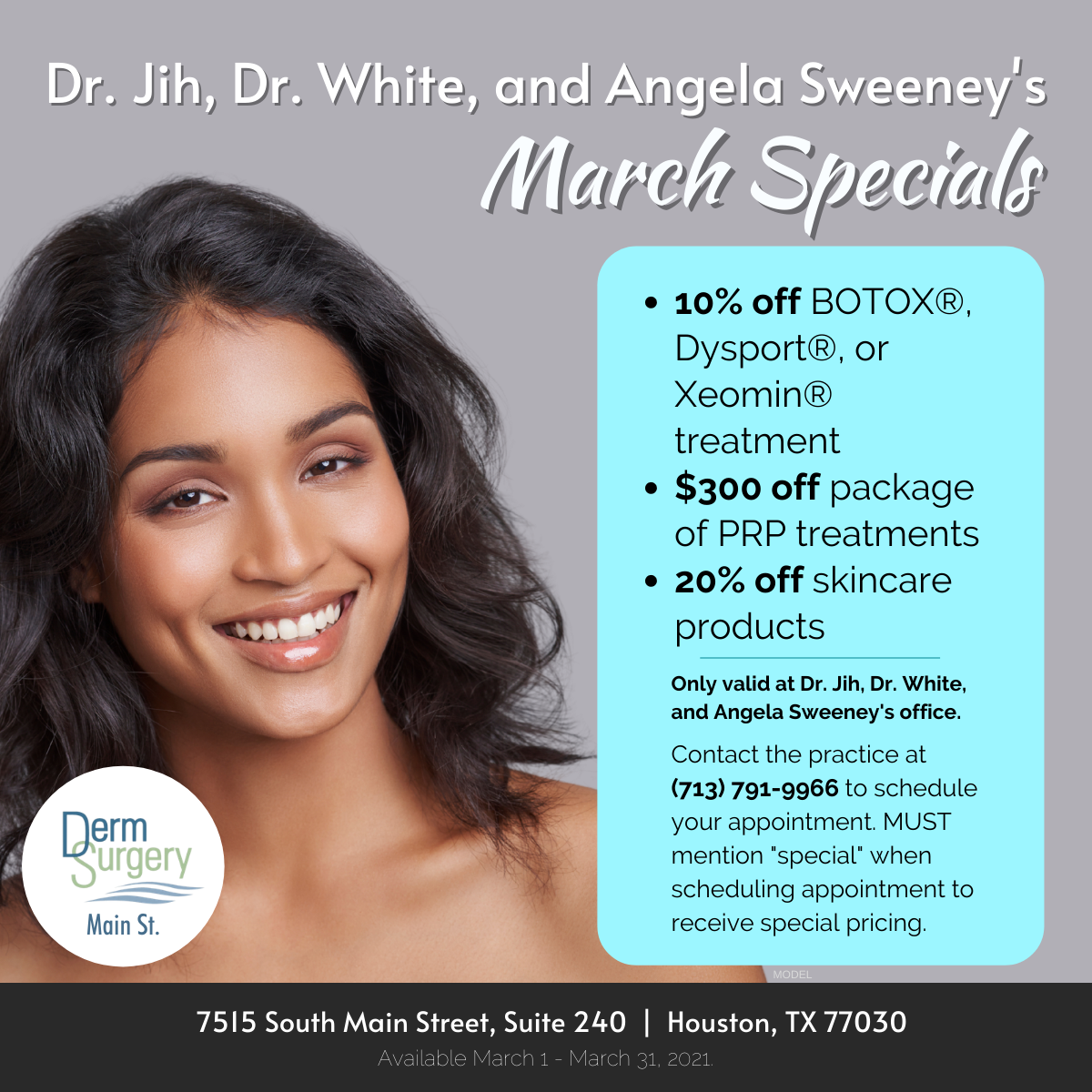Dr. Jih, Dr. White, and Angela Sweeney's March Specials