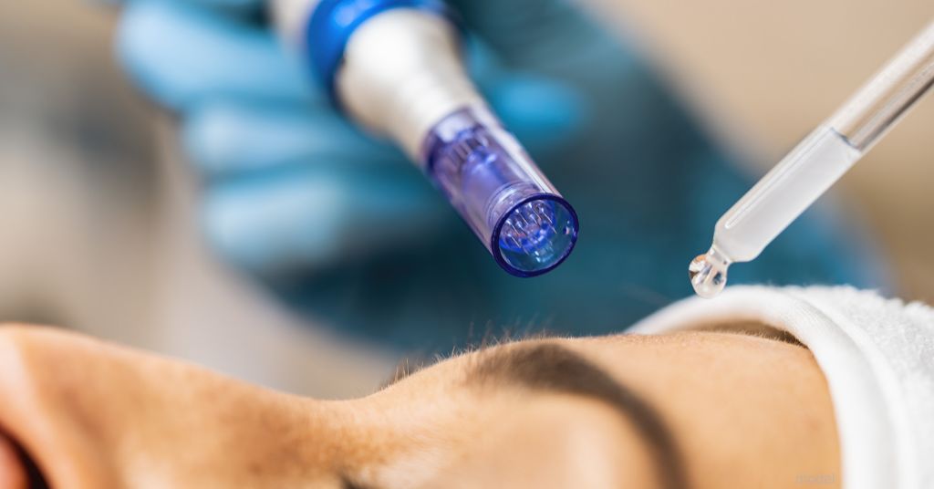 woman receiving microneedling on her forehead (model)