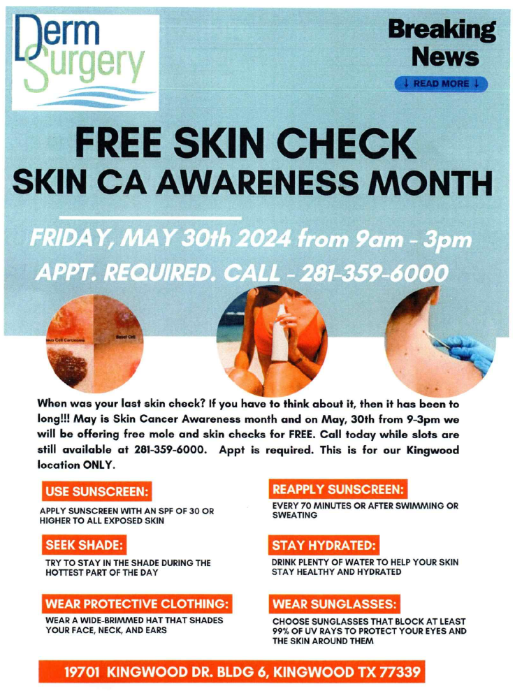 FREE Skin Check at Kingwood location on May 30, 2024 - appointment required